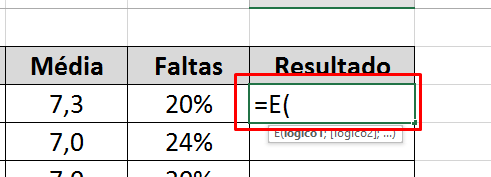 Abrindo a função E no Excel