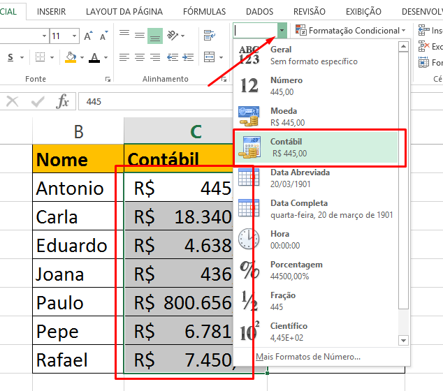 Colocando contábil para diferença entre Moeda e Contábil no Excel