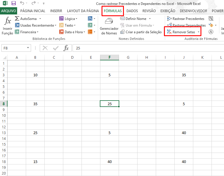 Remover setas para Como rastrear Precedentes e Dependentes no Excel