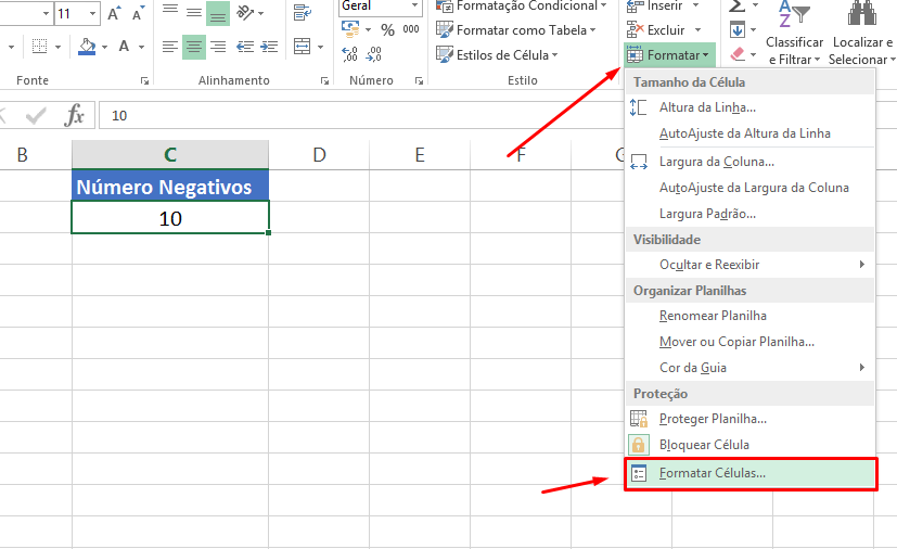Formatar célula para negativo no Excel