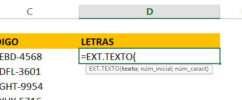 Abrindo a função EXT.TEXTO no Excel