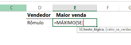 Abrindo as funções MÁXIMO e SE no Excel