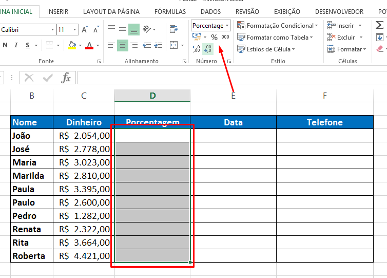 Botão Porcentagem para Formatar Célula no Excel