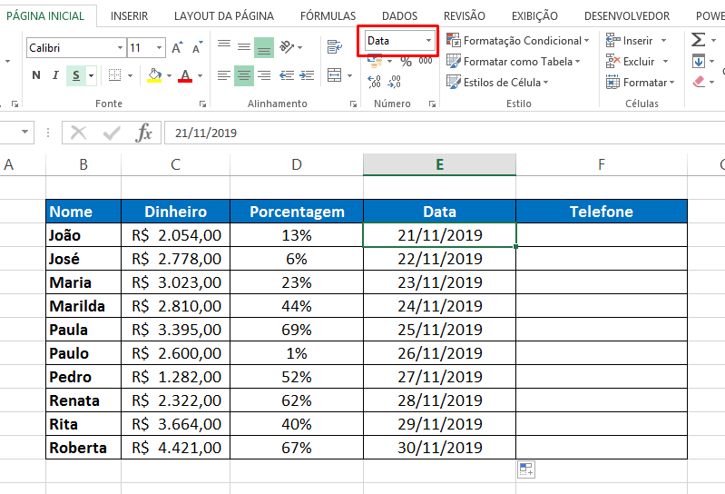 Data para Formatar Célula no Excel
