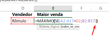Fechando parêntese para funções MÁXIMO e SE no Excel
