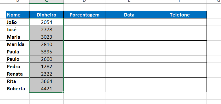 Selecionando o intervalo contábil para Formatar Célula no Excel