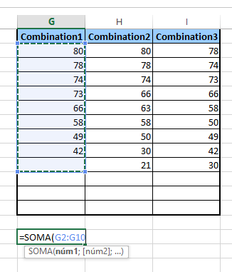 Tirando prova de combinação de soma no Excel
