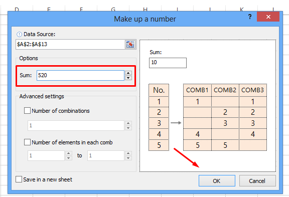 Valor desejado de combinação de soma no Excel