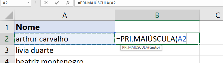 Abrindo a função PRI.MAIÚSCULA no Excel