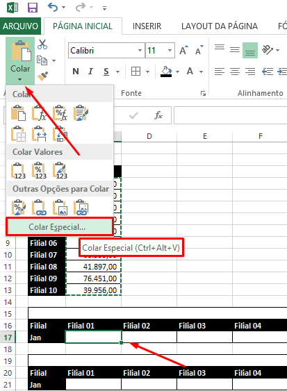 Funcionalidade Transpor no Excel