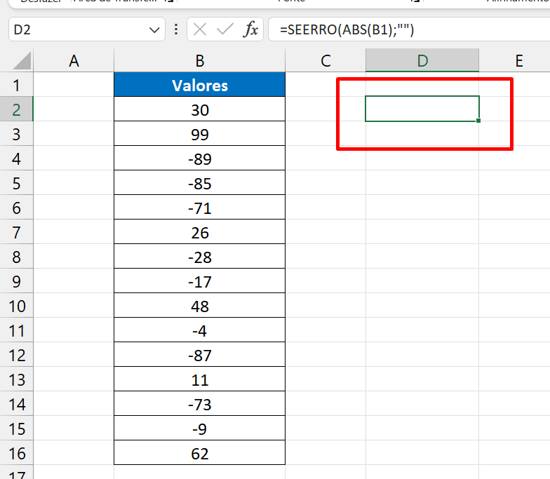 Função ABS no Excel, célula em branco