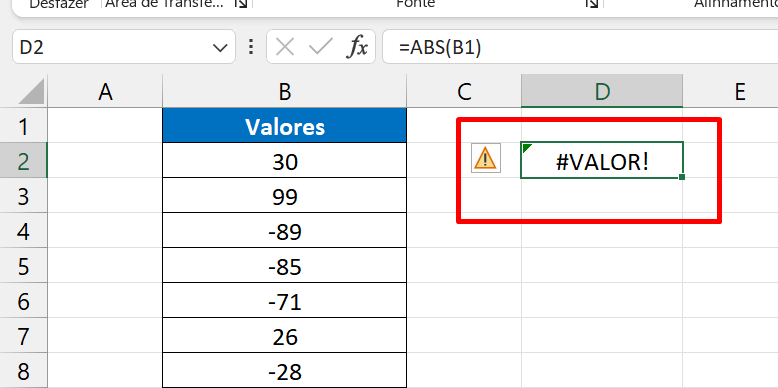 Função ABS no Excel, erro