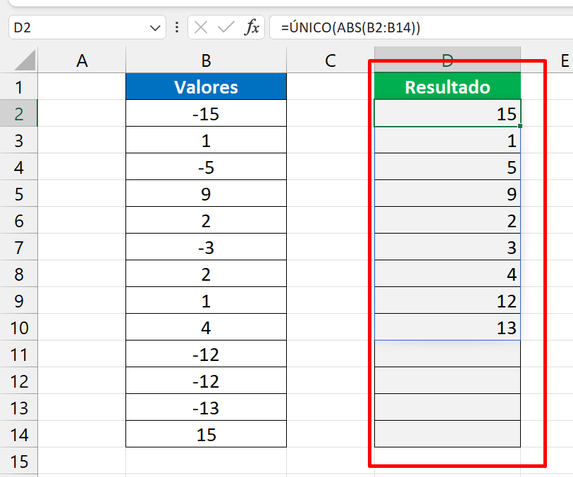 Função ABS no Excel, resultado abs e único