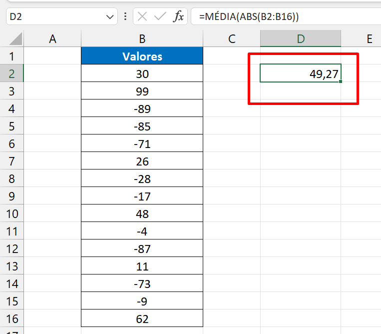 Função ABS no Excel, resultado da abs e média