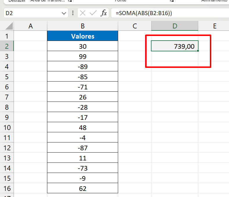 Função ABS no Excel, resultado da soma