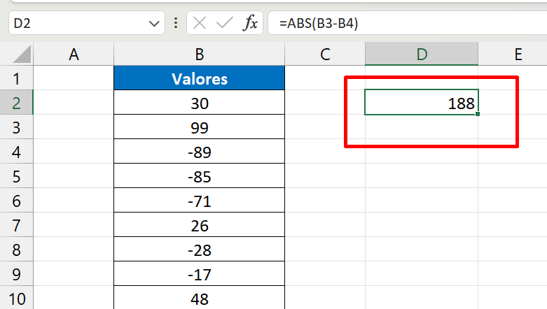 Função ABS no Excel, resultado da subtração
