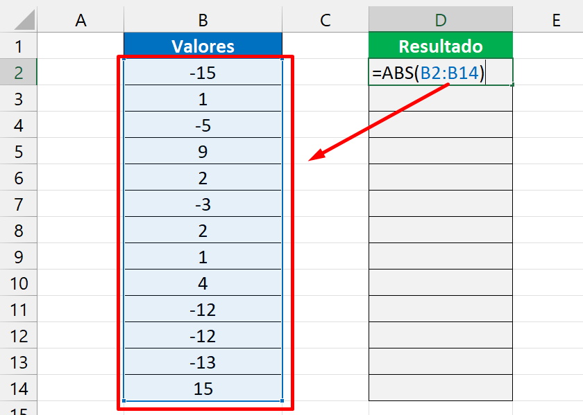 Função ABS no Excel, seleção