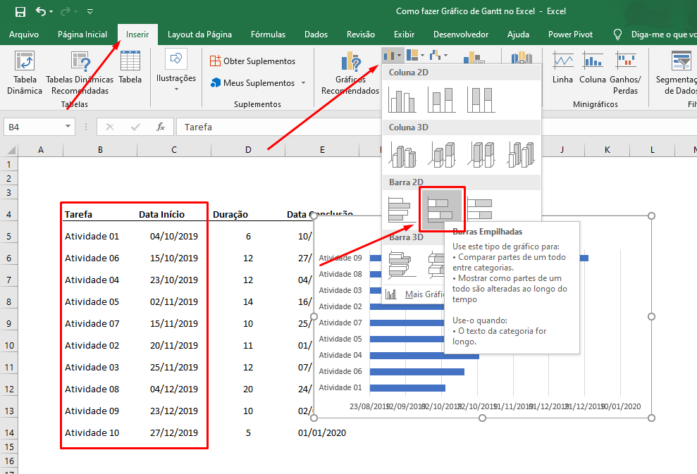 Inserindo Gráfico de Gantt no Excel