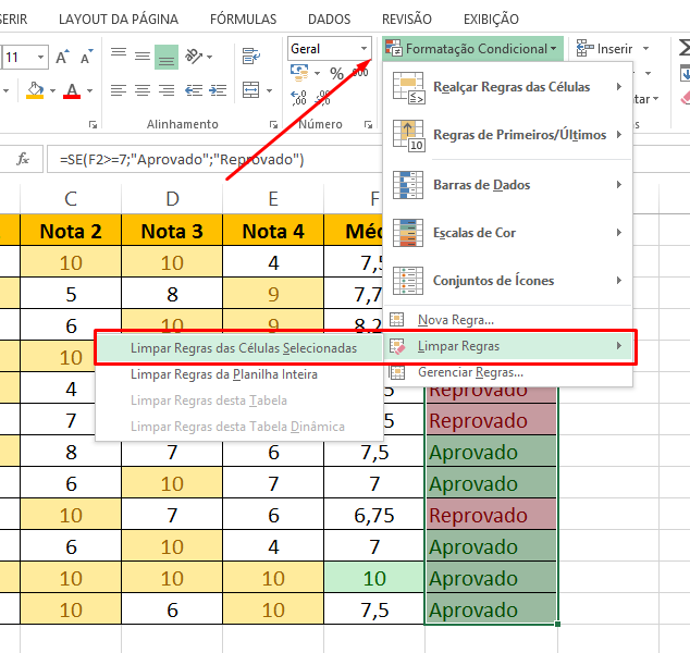 Limpar Formatação Condicional no Excel de selecionadas
