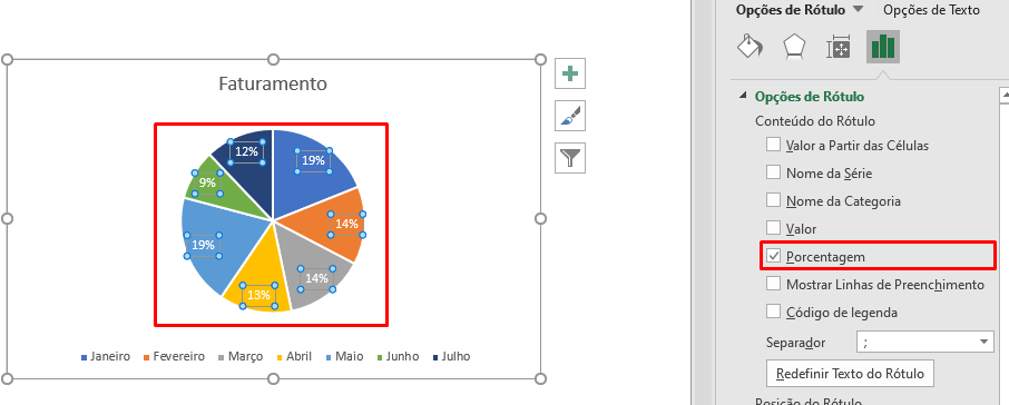 Porcentagem nos Rótulos de dados no gráfico de Pizza no Excel