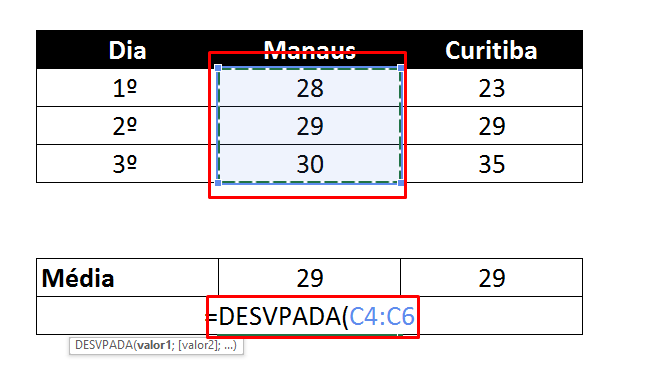 Selecionando valores de desvio padrão no Excel Manaus