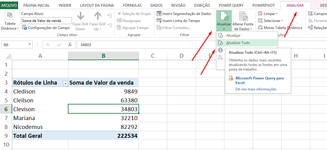 Atualizando tabela dinâmica no Excel