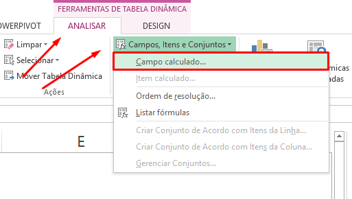 Campo calculado para inserir fórmula na tabela dinâmica do Excel