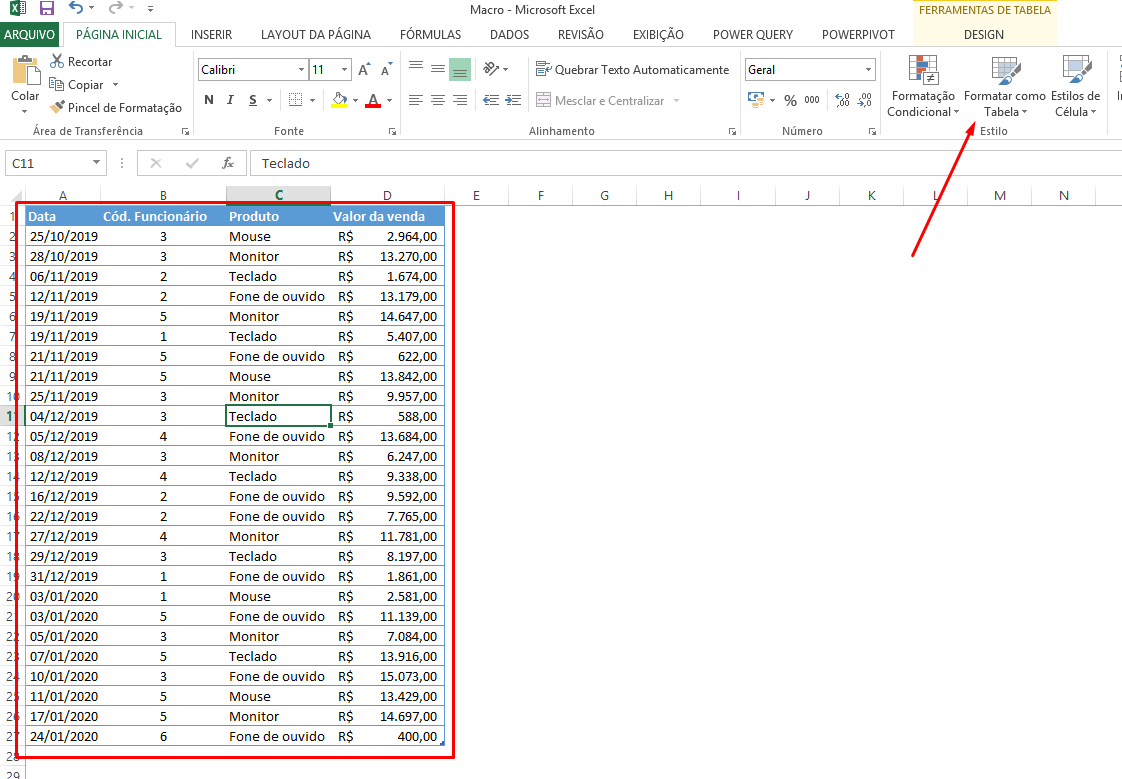 Primeira tabela formatada para juntar duas tabelas dinâmicas no Excel