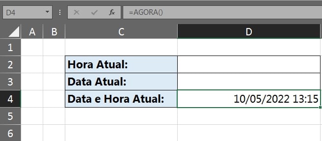 data e hora atual no Excel, data e hora atualizada