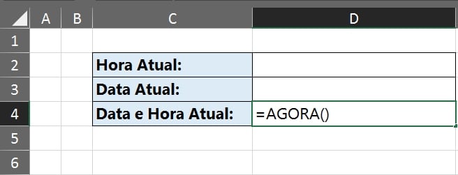 data e hora atual no Excel, função agora