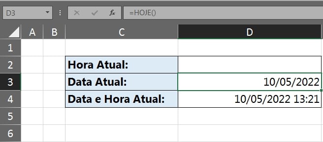 data e hora atual no Excel, resultado da função hoje