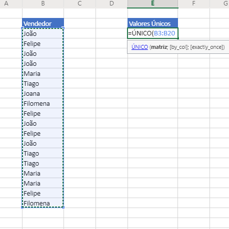 selecionando Intervalo de dados para Função único no Excel