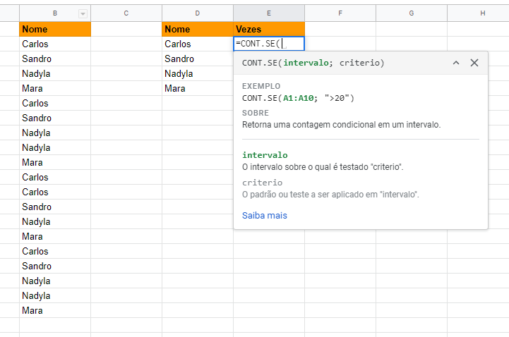 Função CONT SE no Google Planilhas Ninja do Excel