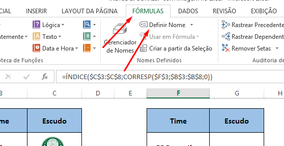Definindo nome para ÍNDICE & CORRESP com imagem no Excel
