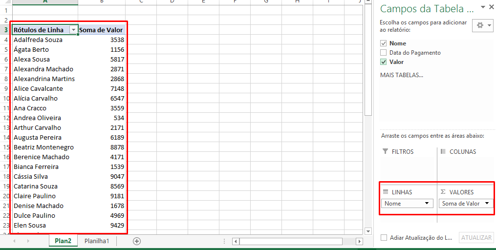 Filtros na tabela dinâmica para linha do tempo no Excel