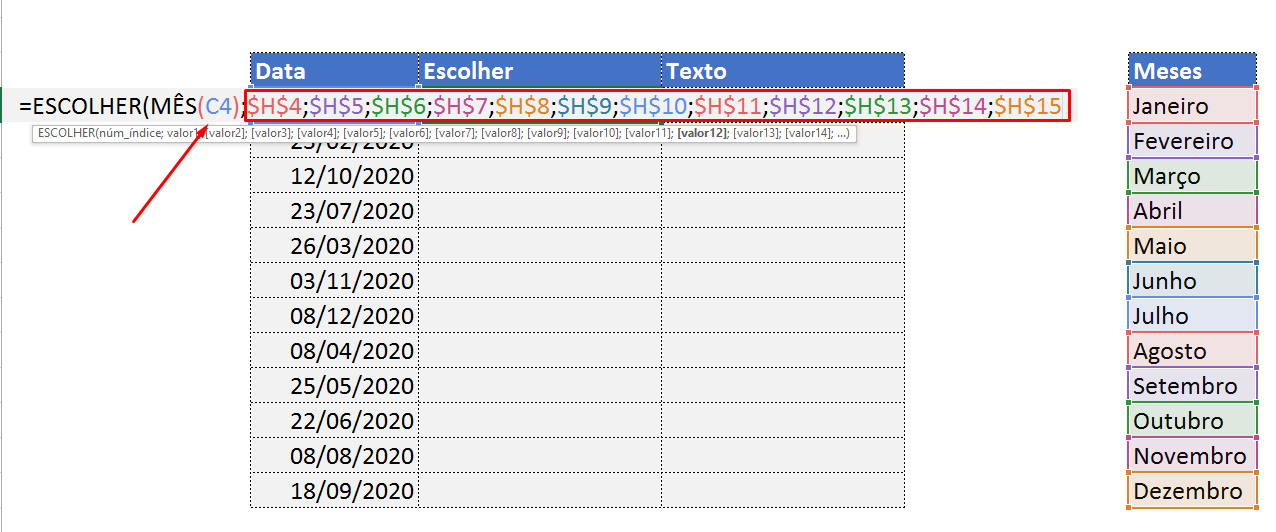 Fixando informações para função escolher para Mês por Extenso no Excel