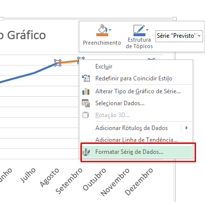Formatar série de dados para linha do gráfico traçado e pontilhado no Excel