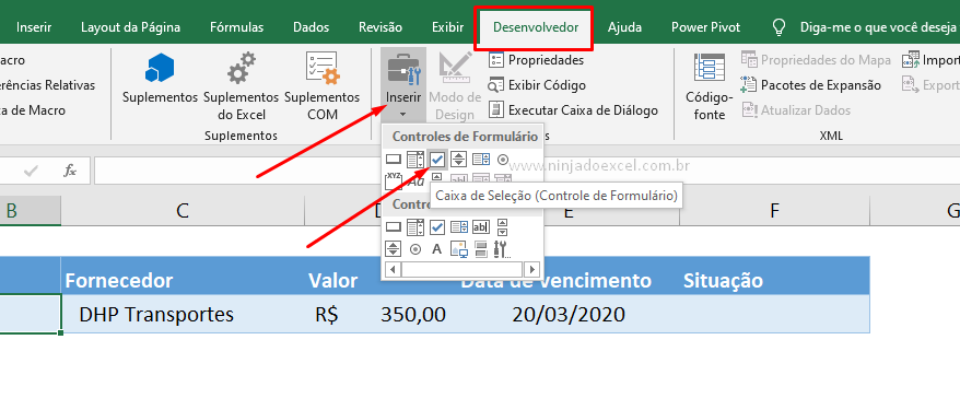 Caixa de seleção no Excel