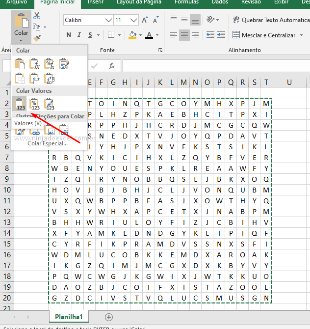 Colando valores para jogo de caça palavras no Excel