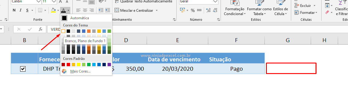 Cor da fonte branca para caixa de seleção no Excel
