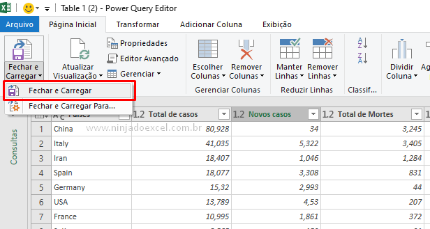 Fechar e carregar para gráfico do coronavírus no Excel