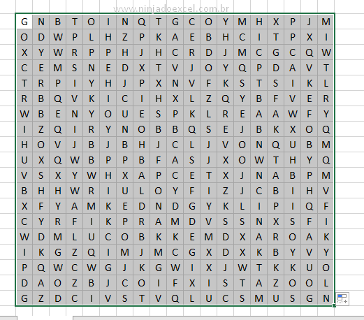 Grade de letras para jogo de caça palavras no Excel