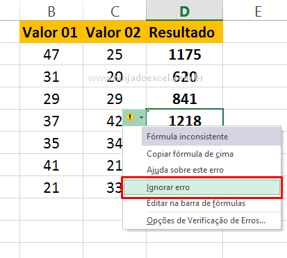 Ignorando erro de fórmula inconsistente no Excel