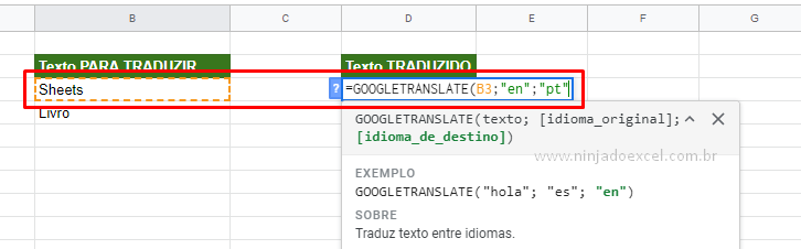 Primeira sintaxe da Tradução no Google Planilhas