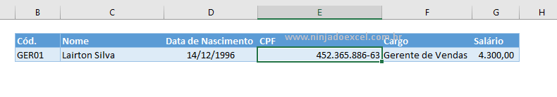 Resultado de máscara para CPF no Excel