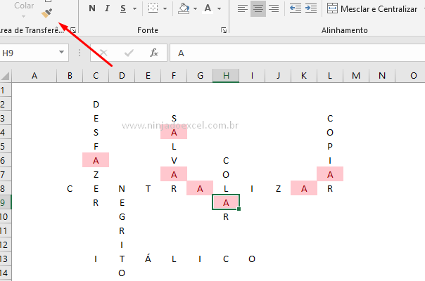 Usando píncel de formatação no Excel para criar um Jogo de Palavaras Cruzadas