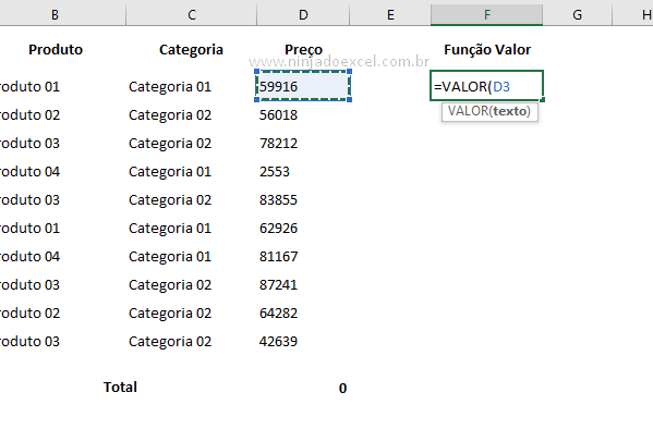 Abrindo Função Valor no Excel