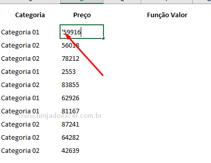 Aspa simples no número de Função Valor no Excel