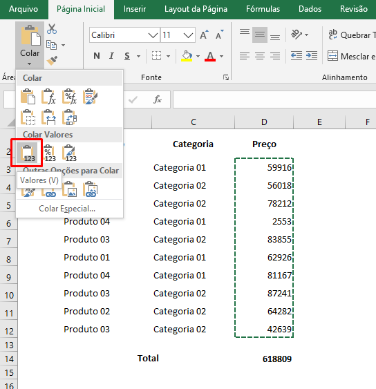 Colando valores para Função Valor no Excel