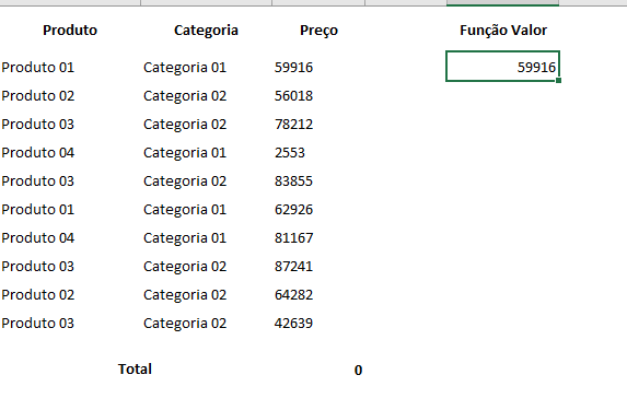 Primeiro resultado de Função Valor no Excel